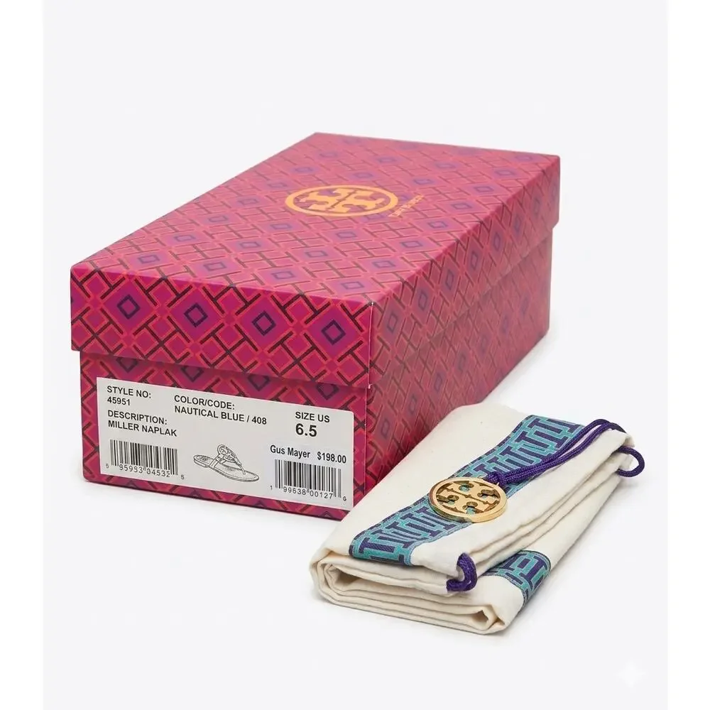 Tory Burch Miller Naplak Patent Leather Sandal Nautical Blue Thong Flat 6.5